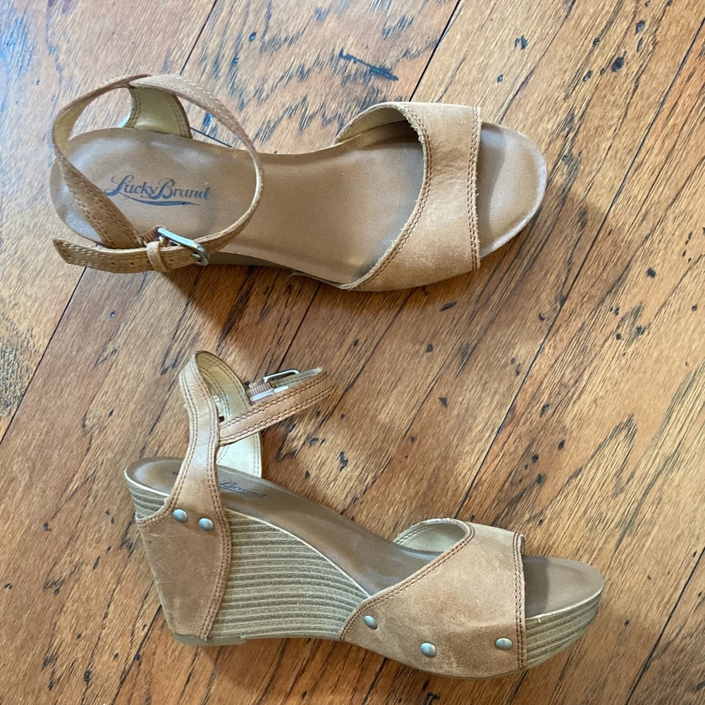Lucky Brand Brown Leather Wedges with Ankle Strap, Size 7.5